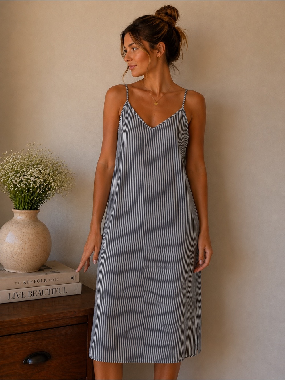 a new day Navy & White Pinstripe Spaghetti Strap Maxi Dress